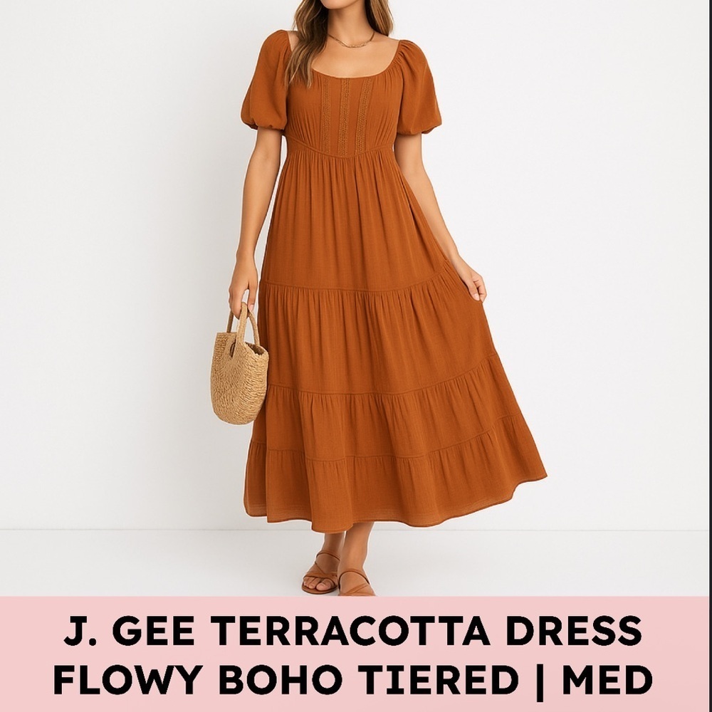 J.Gee Rust Boho Maxi Dress Puff Sleeve Smocked Back Tiered Empire Waist M